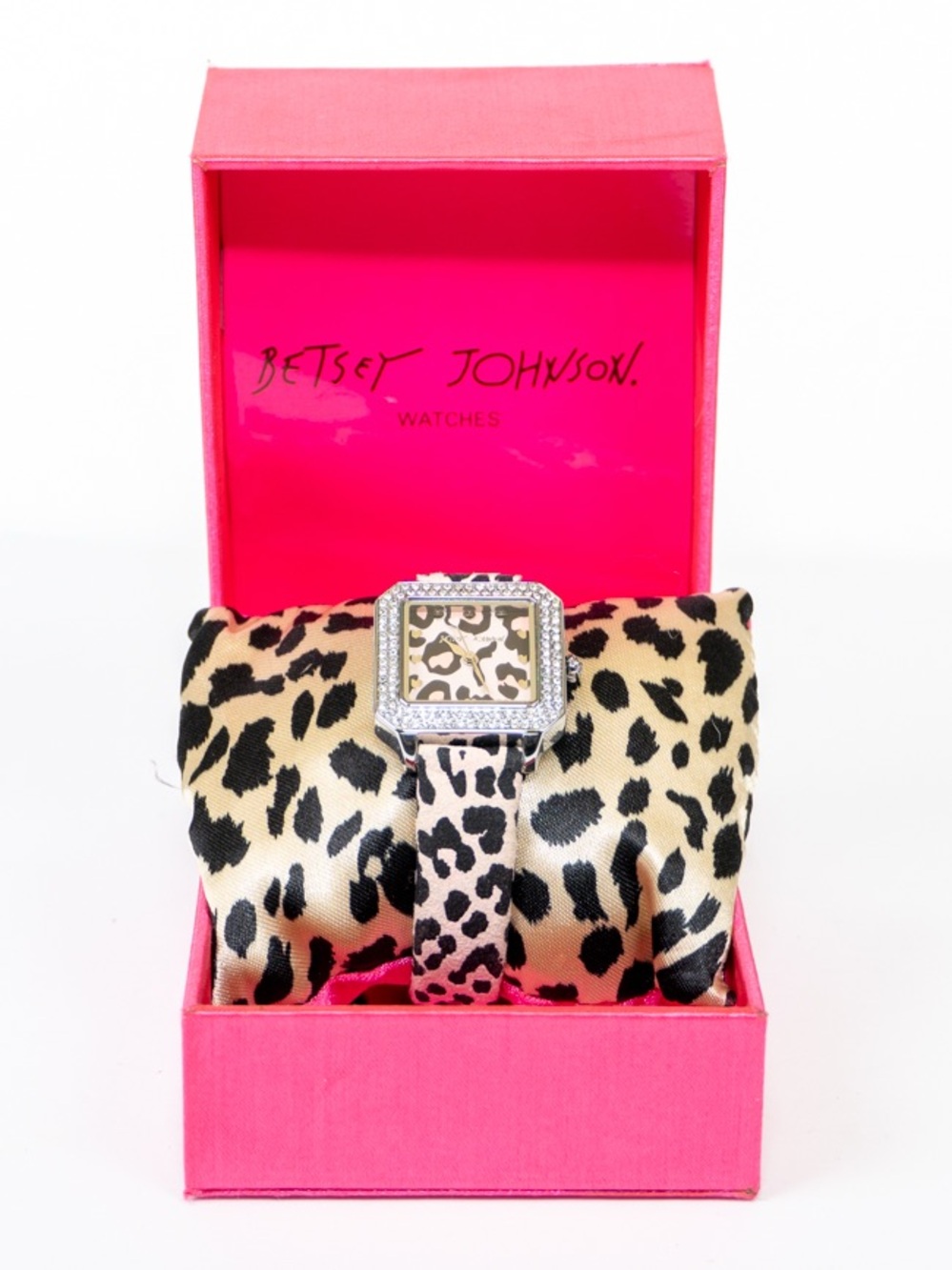 Betsey Johnson Leopard-Print Watch with Crystal Bezel and Pink Box vintage